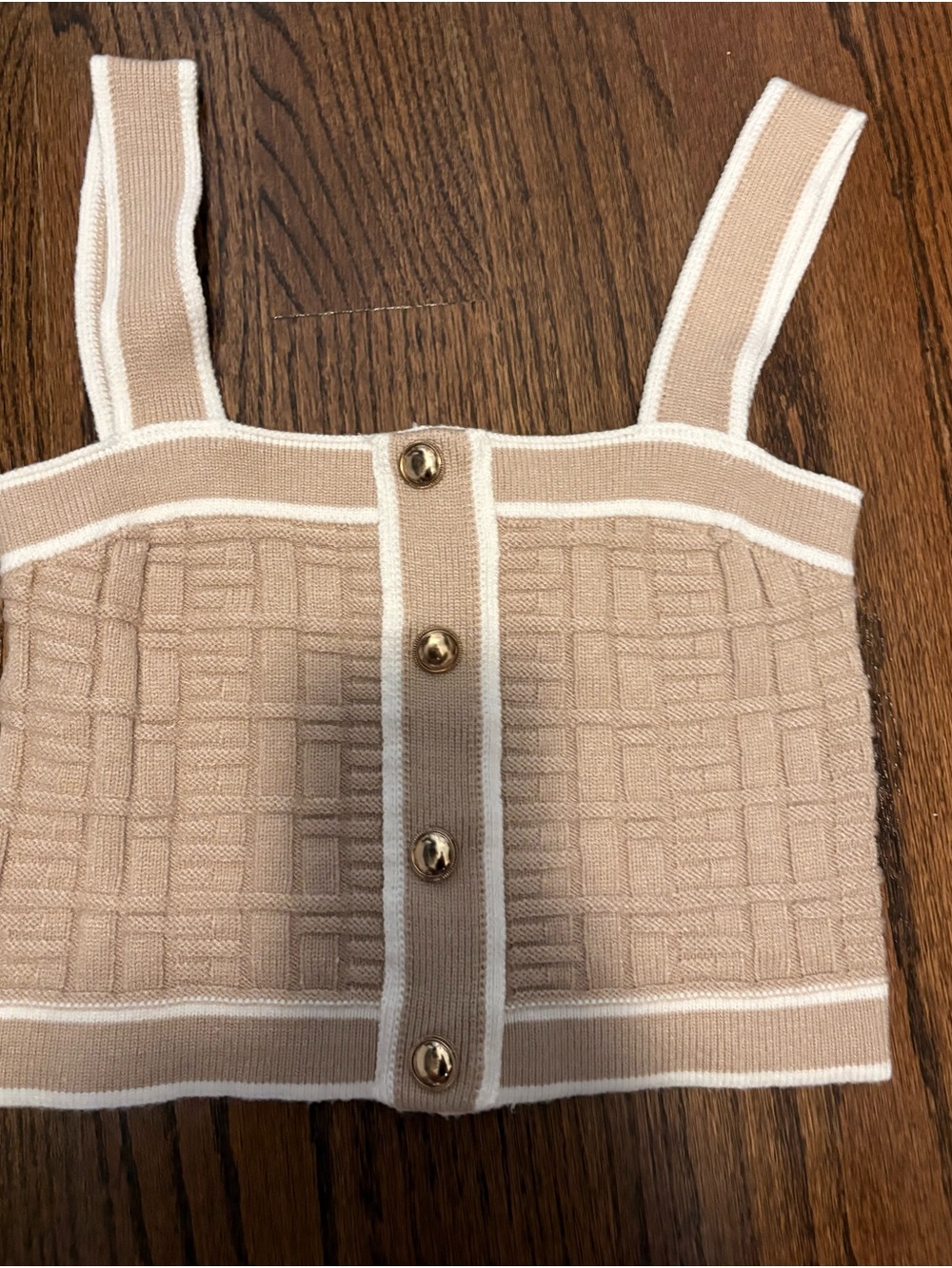 Beige Knit Button-Front Cropped Tank with White Trim